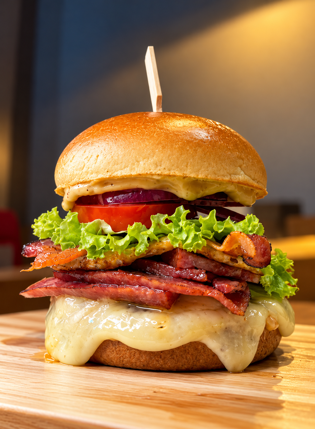 Hambúrguer artesanal com bacon, queijo e salada
