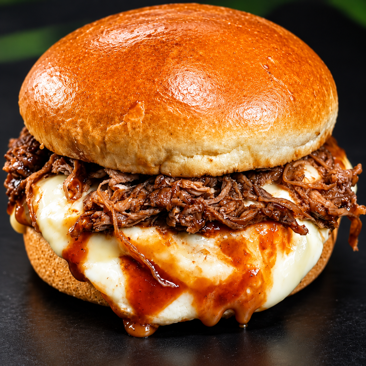 Hambúrguer com carne desfiada e queijo
